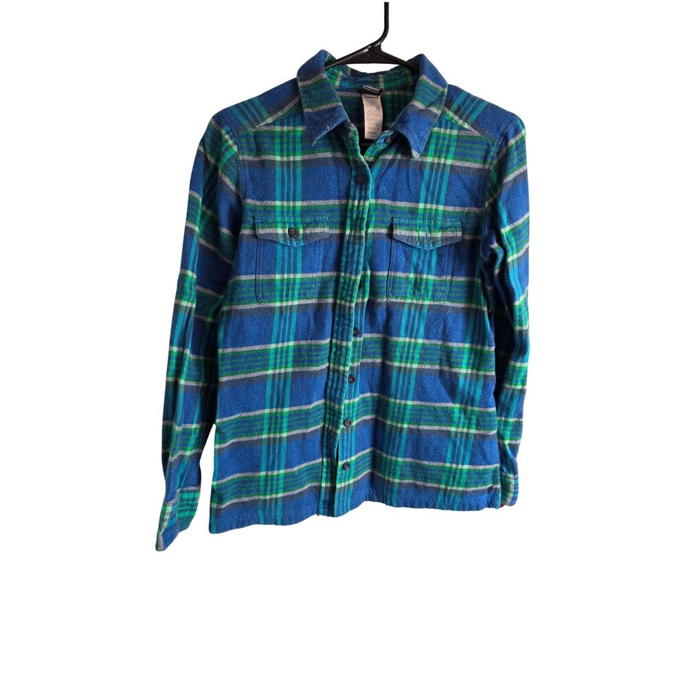 Patagonia Fjord Flannel Plaid Button Up Shirt Blue Green Organic Cotton 6